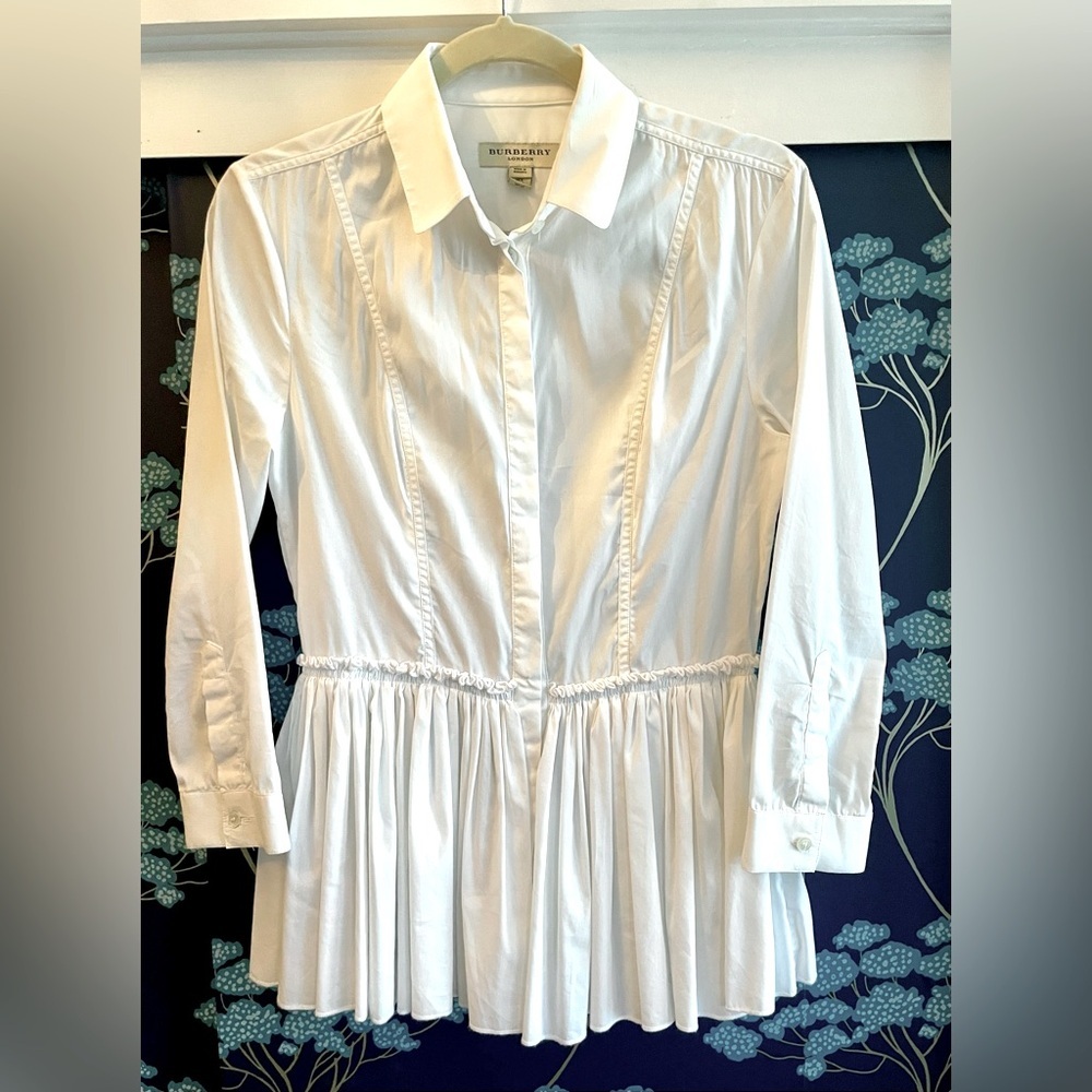 Burberry London cotton blend blouse w/gathered waist and ruffle hem, sz4, EUC - Picture 4 of 8
